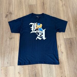 Novamen Men’s Graphic T-Shirt Large Navy Blue Teddy Bear Baseball 100% Cotton